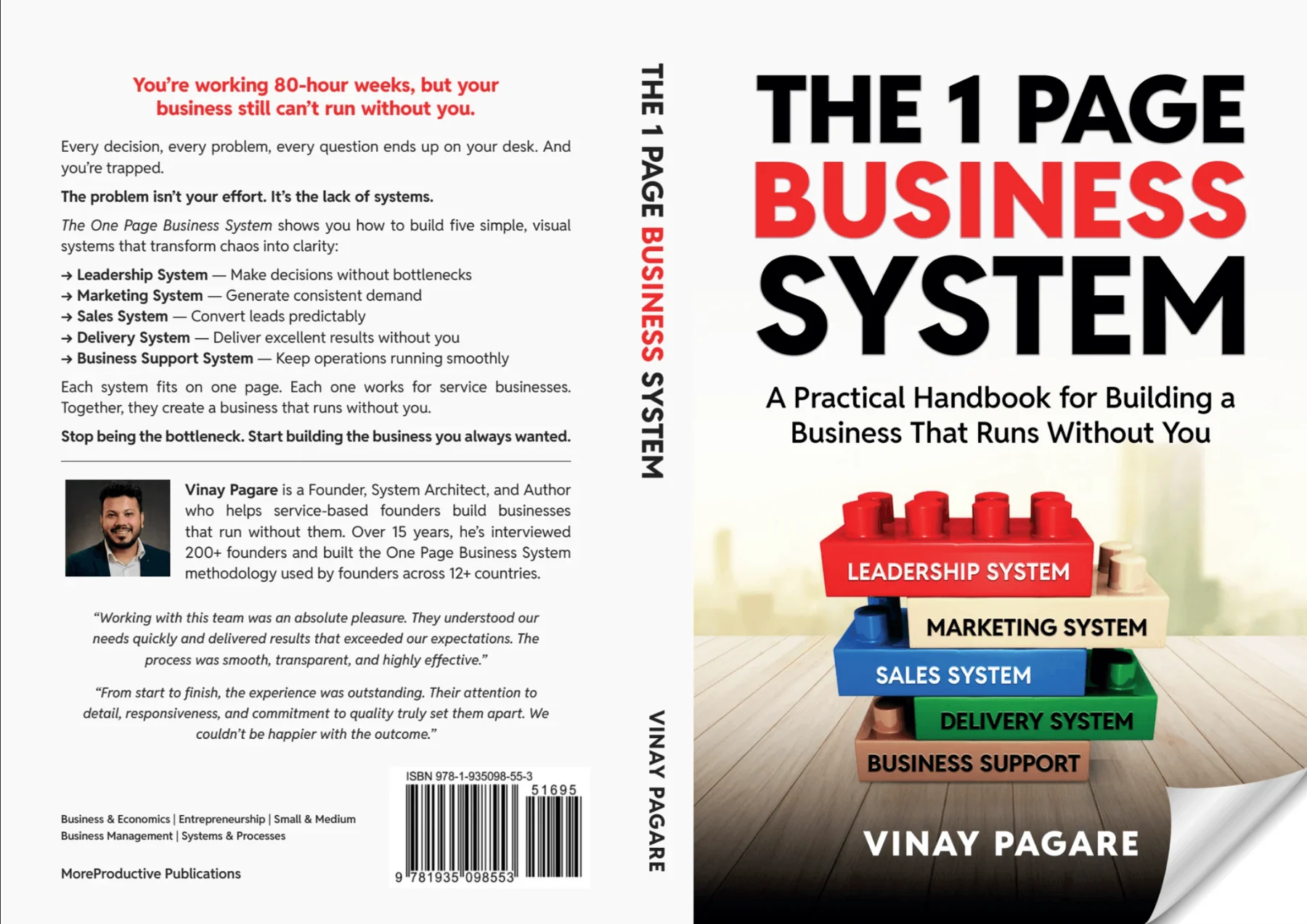 Full printed cover of The One Page Business System, showing back cover copy and spine