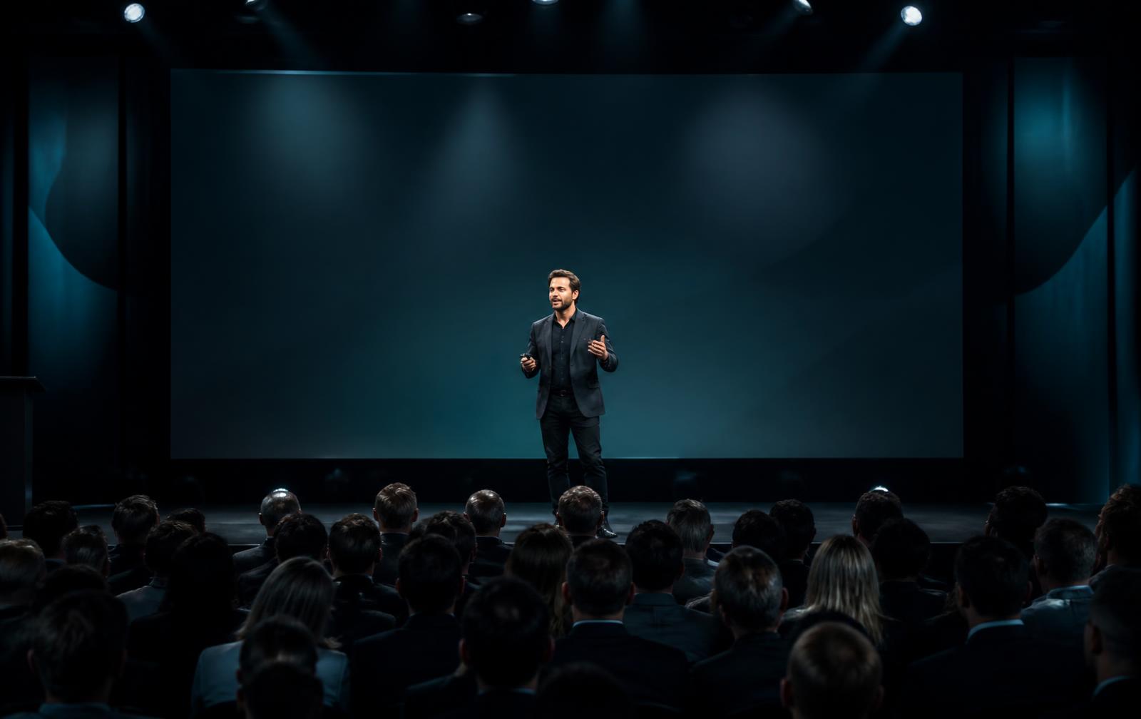 A business speaker addressing an audience of entrepreneurs from the stage