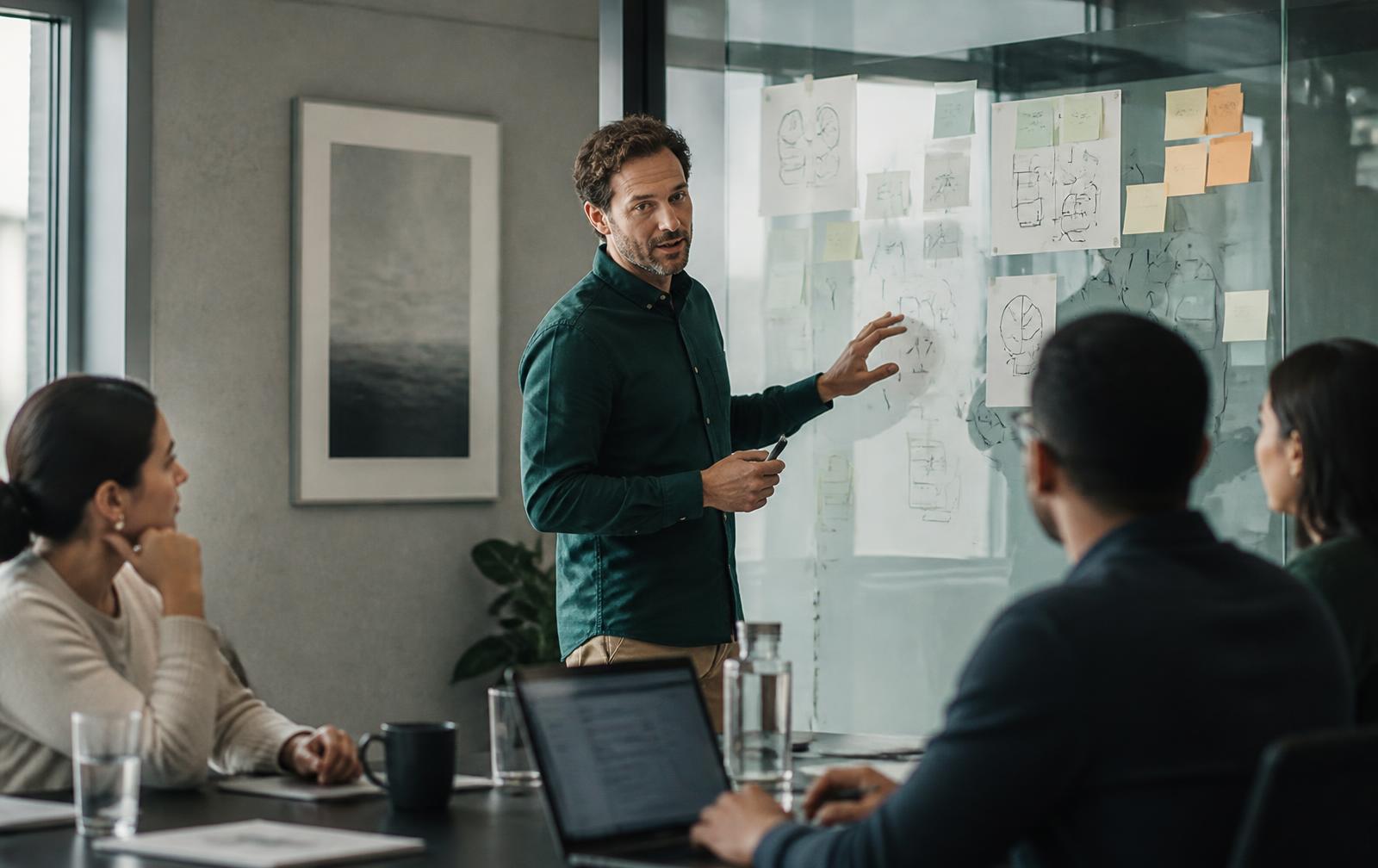 A facilitator working through a business systems map with a leadership team